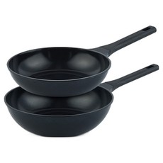 Dream Chef 電磁爐 IH 上菜平底鍋 + 炒鍋 2件組, 1套, 黑色, 平底鍋 24cm + 炒鍋 24cm
