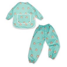 BEBE CHOUETTE 兒童長袖美術畫畫衣 + 防水褲套組, 薄荷巧克力熊