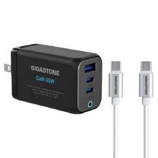 GIGASTONE 立達 GaN 65W氮化鎵Type-C三孔快充充電器+C to C充電傳輸線 支援iPhone16/15/Mac筆電充電頭, 黑色, 1組