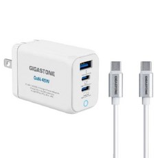 GIGASTONE 立達 GaN 45W氮化鎵Type-C三孔快充充電器+C to C充電傳輸線 支援iPhone16/15/Mac筆電充電頭, 1組, 白色