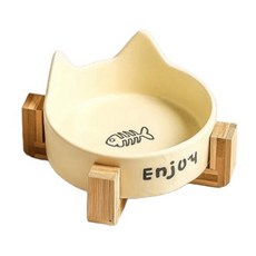 寵物星樂園 寵物貓耳陶瓷碗架, 奶黃色魚骨單碗, 1個