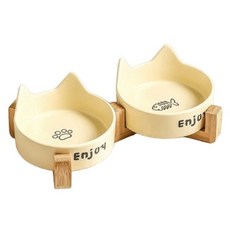 寵物星樂園 寵物貓耳陶瓷碗架, 奶黃色雙碗, 1個