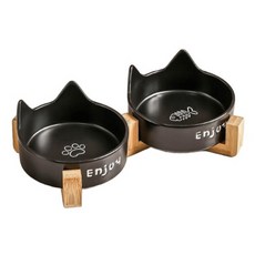 寵物星樂園 寵物貓耳陶瓷碗架, 黑色雙碗, 1個
