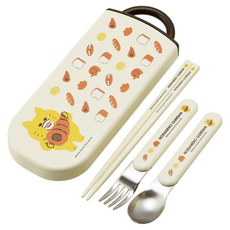 Skater AG抗菌3合1餐具 4件組, 筷子 + 叉子 + 湯匙 + 筷盒, 野貓軍團 烤麵包款, 1組