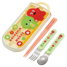 Skater AG抗菌3合1餐具 4件組, 筷子 + 叉子 + 湯匙 + 筷盒, Gachapin&Mukku Q版, 1組