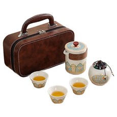 Mass 生活好物 高級感輕便旅行茶具組 茶韻, 茶壺 + 茶杯 3個 + 茶罐 + 棕皮包, 1套, 白色