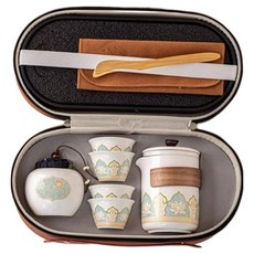 Mass 生活好物 高級感輕便旅行茶具組, 茶壺 + 杯子 4個 + 罐巾夾 + 橢圓包 帶盤, 1套, 白色