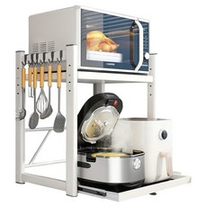 MDYooMarket 高級滑動式高度可調電鍋微波爐置物架 雙層 + 掛鉤6件組