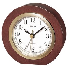 RHYTHM 日本麗聲時計 簡約圓角自然系輕巧實木座鬧鐘, 沉穩胡桃
