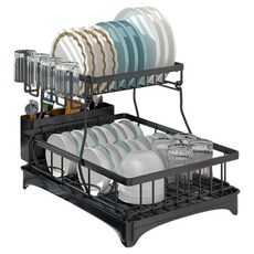 小麥購物 2層碗盤收納瀝水架 L2908, 2層, 1個, 黑色