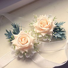 Scent Basket 人造花艾莉絲玫瑰新娘派對花手環, 奶油色, 2個