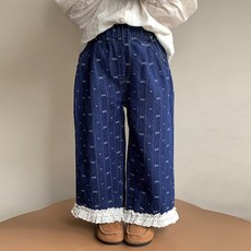 Uvely 女童 Leriden 蝴蝶結圖案蕾絲鬆緊帶寬版牛仔褲