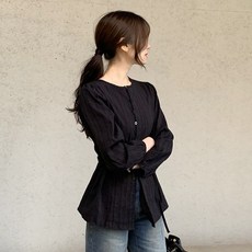 女款Solinne圓領泡泡袖後綁帶修身襯衫