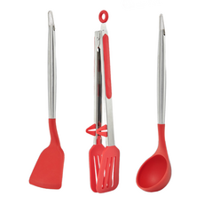 Amercook 不銹鋼矽膠廚具3件組 12吋, 1套, 紅色, 湯勺 + 鍋鏟 + 食物夾