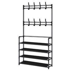 Likes 組裝式玄關鞋櫃衣帽架 4層掛衣架立架, 黑色