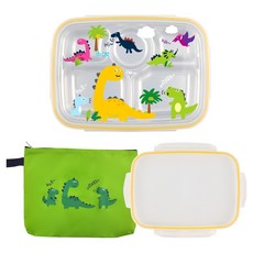 kitchen U 兒童用 Cool Dino 不鏽鋼便當餐盤 加深款 + 餐袋 + 蓋子組合, 1套, 餐盤 + 蓋子 2入 + 餐袋, 混合色