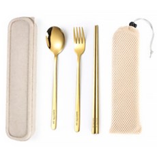 瑞典廚房 304不鏽鋼 便攜式餐具組 C, 1套, 湯匙 + 筷子 + 叉子 + 收納盒 + 收納袋, 金色餐具 + 米白盒
