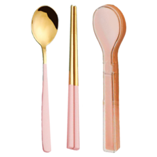 瑞典廚房 北歐風 304不鏽鋼便攜式餐具套組 創意 戶外旅行套裝, 1套, 公主粉, 湯匙 + 筷子 + 收納盒