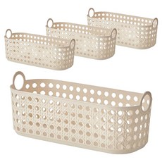 elelliving 善用空間藤編圖案儲物收納整理盒 窄版, 奶油色, 4個