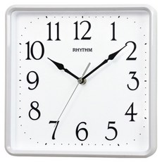 RHYTHM 日本麗聲時計 方形簡約靜音掛鐘, 白色