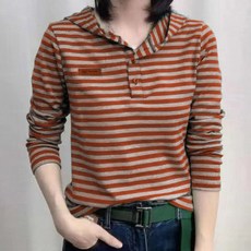 Goodif 女款春秋日常休閒條紋連帽長袖T恤