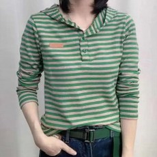 Goodif 女款春秋日常休閒條紋連帽長袖T恤