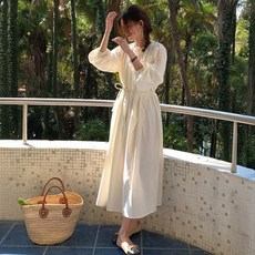 여성용 허쉬 베이직 셔링 코튼 롱 원피스
