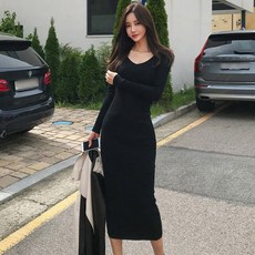 TANIZ V領修身坑條針織連身裙 Flip, 黑色