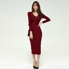 TANIZ V領修身坑條針織連身裙 Flip, 酒紅色