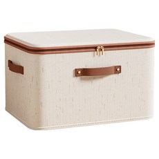 小麥購物 天山棉麻拉鏈帶蓋收納箱 L1468 42L, 米白色, 1個