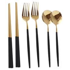 JUST HOME 維爾304不鏽鋼叉匙筷子餐具 7282-04A 6件組, 1套, 叉子 +湯匙 + 筷子, 黑色 + 金色