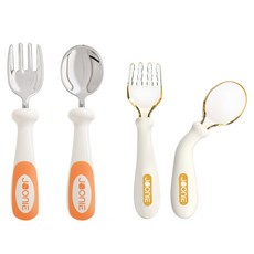 JOONIE PPSU自主進食嬰兒食品湯匙 + 嬰兒食品叉子 + 不鏽鋼湯匙 + 不鏽鋼叉子 + 收納盒2入組, 1套, 橘色