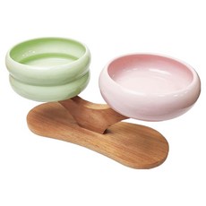 YSS Dog&Cat 職人木匠 童話森林大樹 雙口原木瓷碗, 1套, 粉色 + 綠色