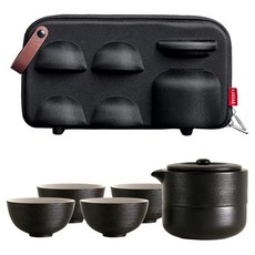 LOHAS Pottery 陸寶 紅點旋紋攜行裝5件組, 1套, 茶壺 + 茶杯 4個 + 便攜袋, 禪風黑