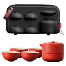 LOHAS Pottery 陸寶 紅點旋紋攜行裝5件組, 1套, 茶壺 + 茶杯 4個 + 便攜袋, 富貴紅