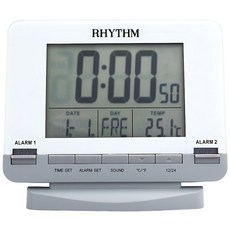 RHYTHM 日本麗聲時計 簡約時尚雙鬧鈴夜燈日期溫度顯示電子鬧鐘, 簡約純白