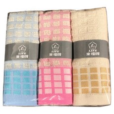 LIFE 來福牌 慶中元方紋幾何毛巾 精梳棉 3件組, 1組, 顏色隨機