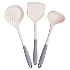 Kyhome 雙色不粘鍋矽膠耐高溫廚具3件組, 鍋鏟 + 湯勺 + 漏勺, 灰白色, 1組