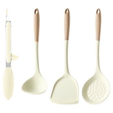 Kyhome 不粘鍋矽膠耐高溫廚具4件組, 鍋鏟 + 湯勺 + 漏勺 + 食物夾, 奶黃色, 1組