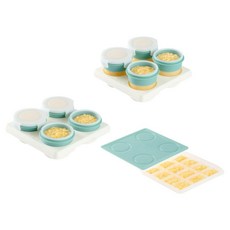 2angels 寶寶副食品零食分裝盒 餐具冰塊磚盒烤模3件套組 矽膠副食品製冰盒 + 儲存杯, 藍綠色, 1套, 195ml