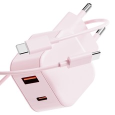 누아트 PD충전 25W 2포트 멀티 초고속 충전기 어댑터 + C to C 고속 충전케이블 1m 세트, 핑크, 1세트
