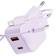 누아트 PD충전 25W 2포트 멀티 초고속 충전기 어댑터 + C to C 고속 충전케이블 1m 세트, 라벤더, 1세트