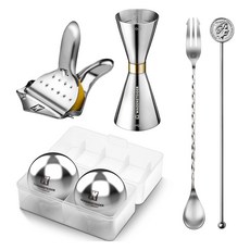 WAGENSTEIGER 居家調酒套組 金環量酒器 30 / 45 ml + 楔形榨汁器 + 26公分吧叉匙 + 大冰球2入 + 銀色搗棒, 1套, 混合色