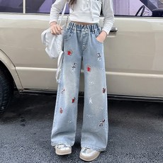 Starbean 兒童小狗刺繡寬版牛仔褲