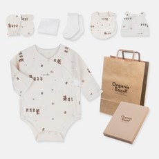 Organic Boom 熊家族按扣新生兒包屁衣 + 帽子 + 圍兜 + 防抓手套 + 襪子 + 手帕 + 提袋 + 禮盒套組 四季款