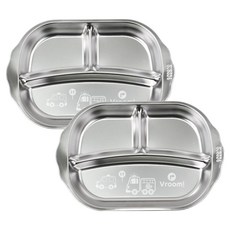 kitchen U 噗噗車 304不鏽鋼 附手把 點心餐盤 3格, 2個, 銀色, 餐盤 2件組