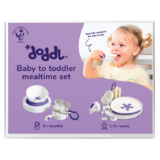 doddL 人體工學兒童學習餐具成長禮盒, 藍莓紫, 兒童碗 + 餐盤 + 湯匙 + 叉子+ 刀子+ 吸盤 + 攜帶盒, 1組