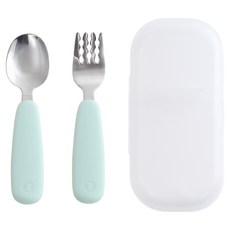 TACKAON 方形幼兒湯匙叉子收納盒組, 1個, 湯匙S + 叉子S + 收納盒, 薄荷綠
