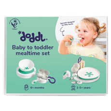 doddL 人體工學兒童學習餐具成長禮盒, 湖水綠, 兒童碗 + 餐盤 + 湯匙 + 叉子+ 刀子+ 吸盤 + 攜帶盒, 1組