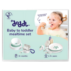 doddL 人體工學兒童學習餐具成長禮盒, 1套, 兒童人體工學餐具3件組 + 專屬攜帶盒 附掛勾 大 + 飛碟止滑餐盤 + 嬰兒餐具2件組 + 嬰兒專屬攜帶盒 附掛勾 小 + 可拆式強力真空吸盤 + 止滑餐碗, 清新綠